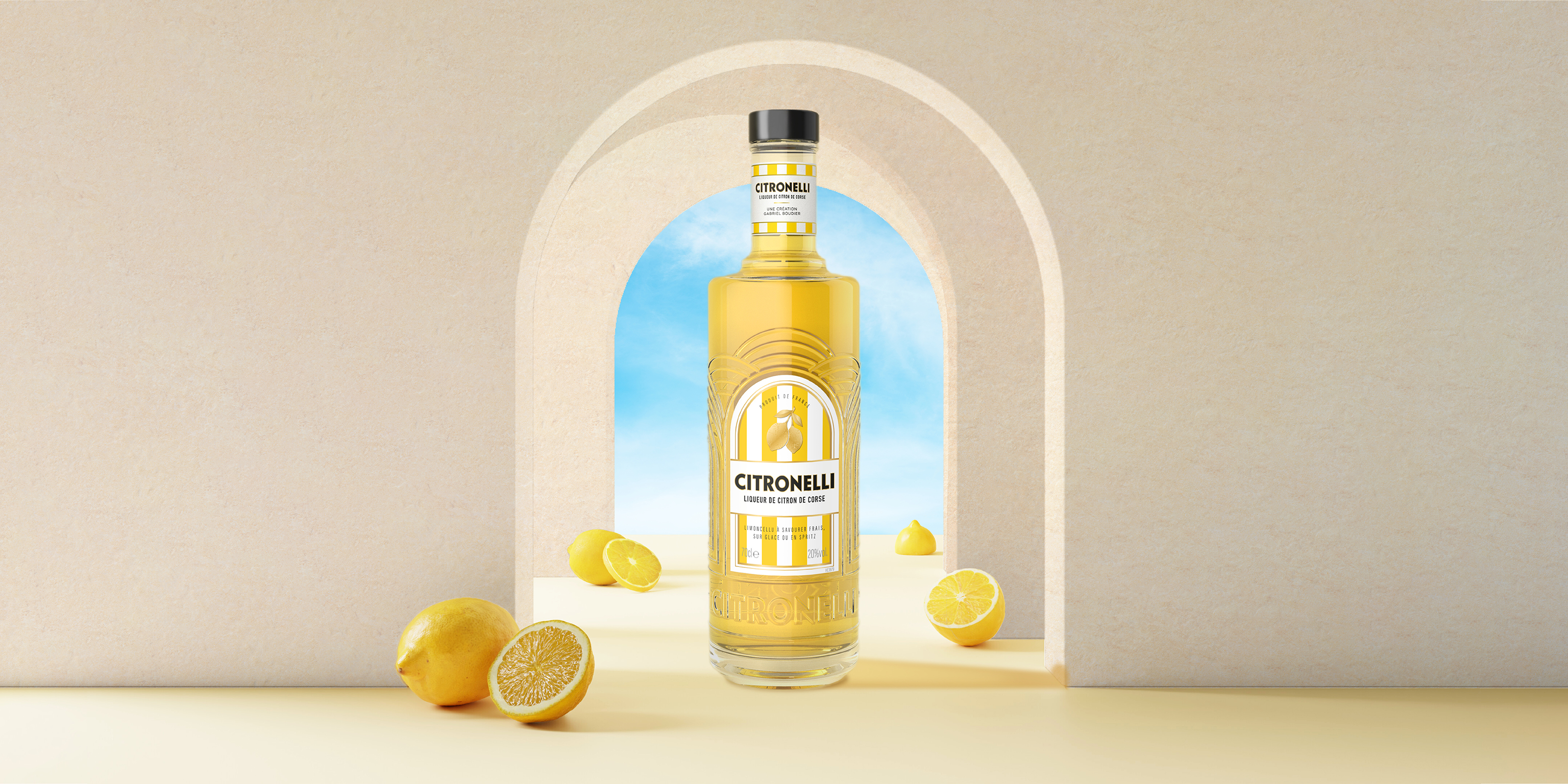 Création de Citronelli, liqueur de citron Corse par Partisan du Sens, agence de design global. Design produit & identité.