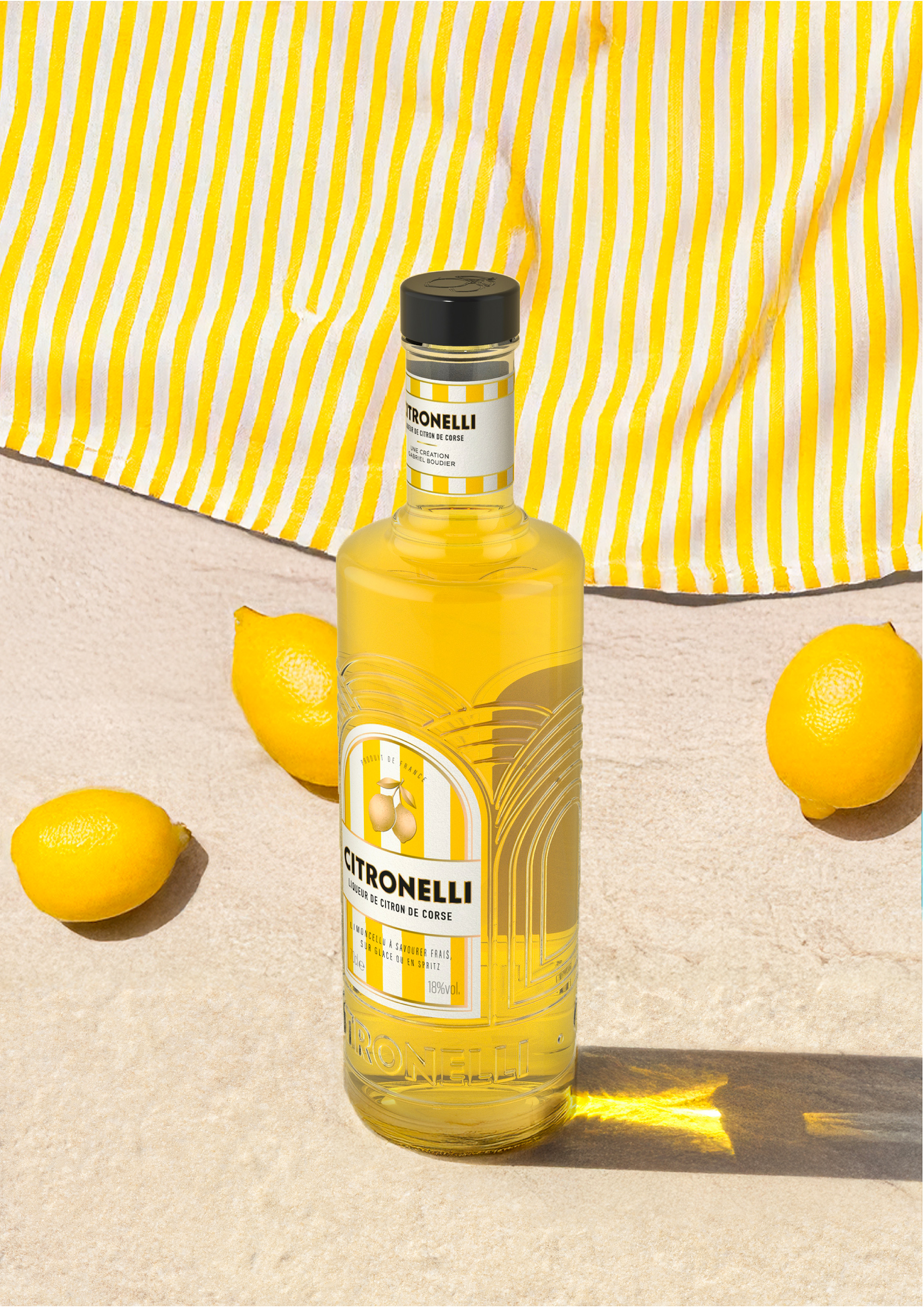 Création de Citronelli, liqueur de citron Corse par Partisan du Sens, agence de design global. Identité & design produit. Agence de design Paris.