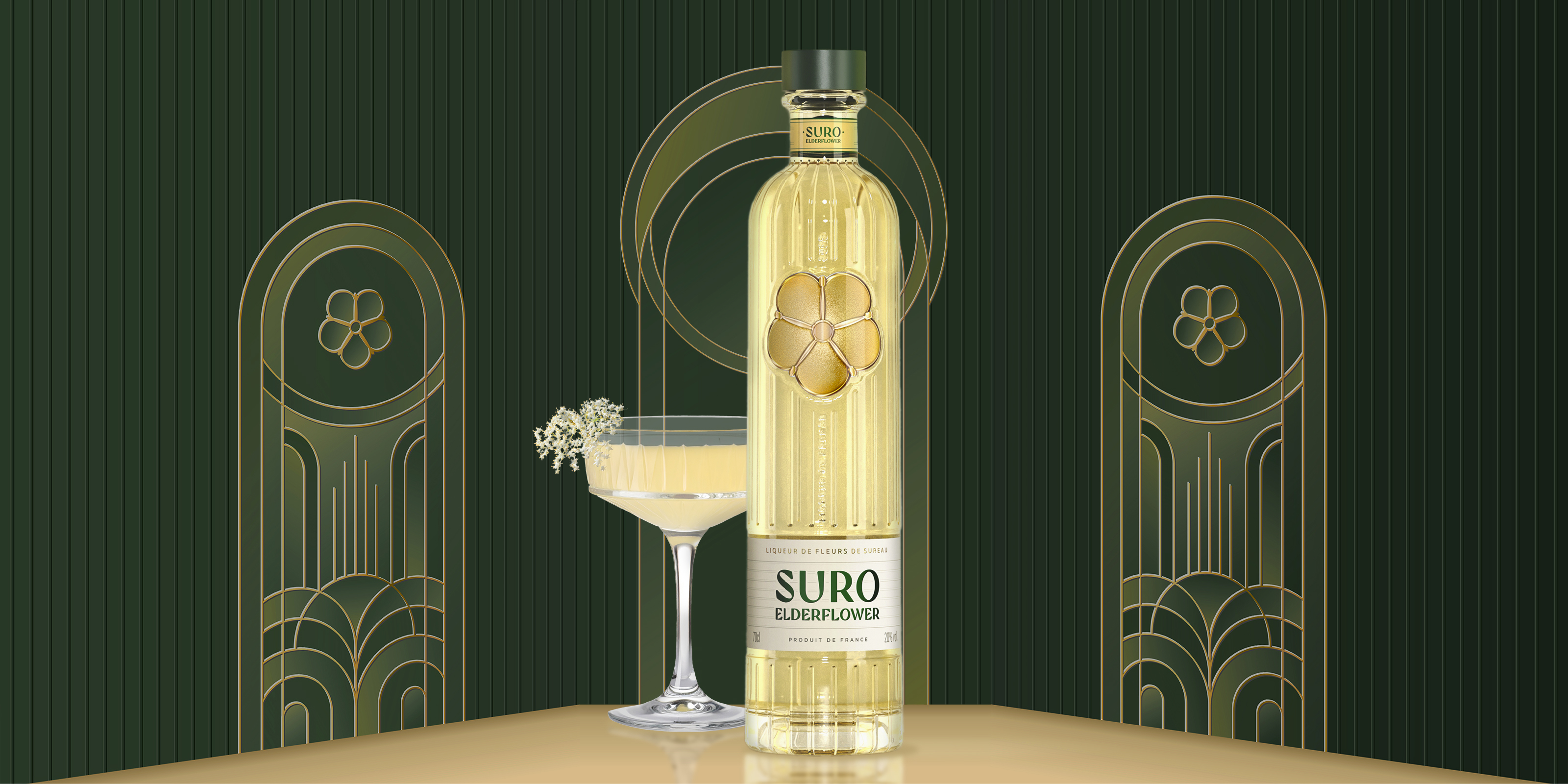 Creation de Suro, liqueur de sureau par Partisan du Sens pour Gabriel Boudier. Naming, identité, création packaging, design produit. Agence design global Paris.